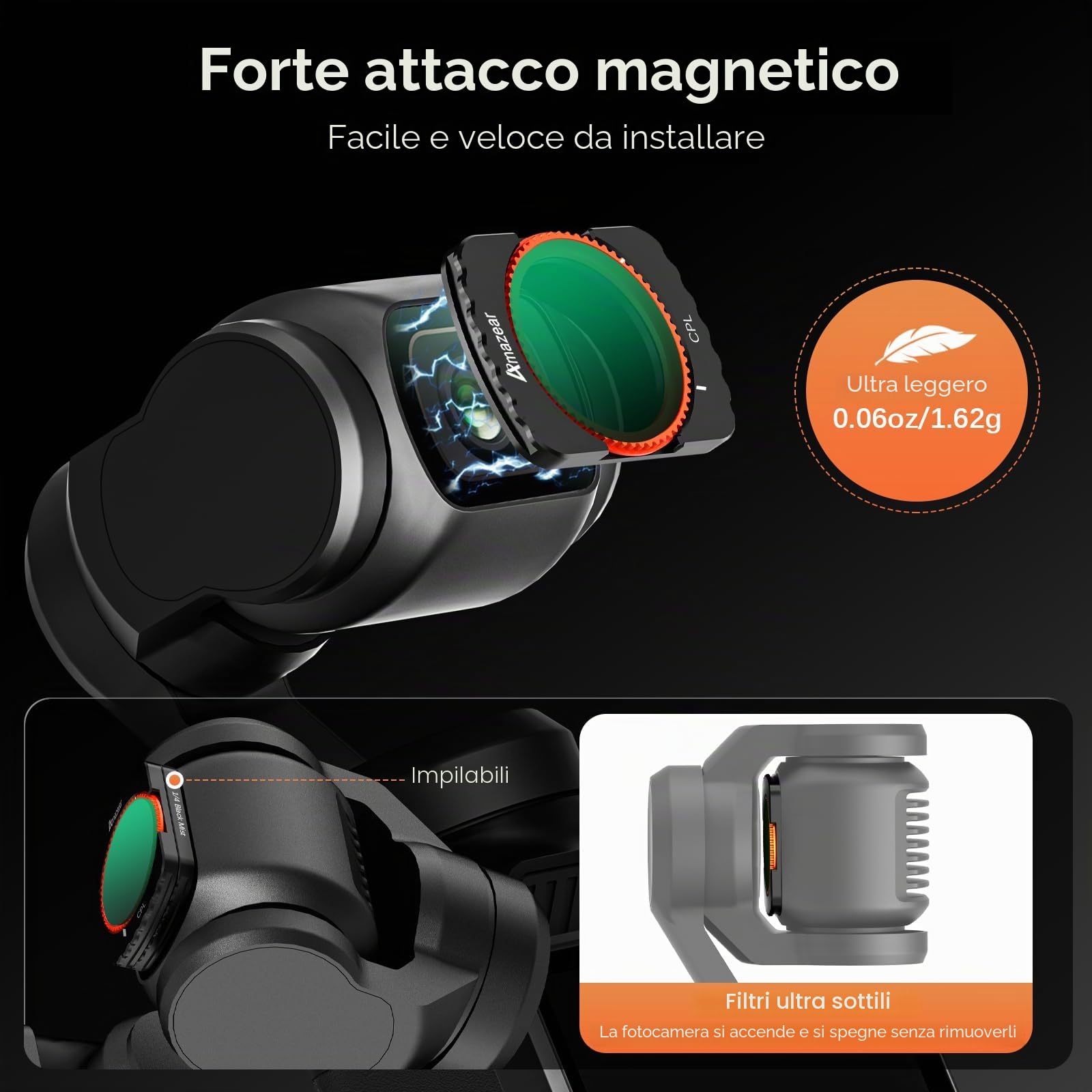 Kit di filtri ND AMAZEAR per accessori DJI Osmo Pocket 4/3 (1/4 Black Mist/CPL / ND16 / ND64 / ND256) Kit di filtri per vlog di viaggio per DJI Pocket 4/3