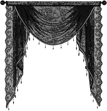 Yajuyi Waterfall Window Valance with Bead Tassels Decorative Easy to Hang Breathable Soft Swag Valance Vintage Design for Basement, Width 100cm