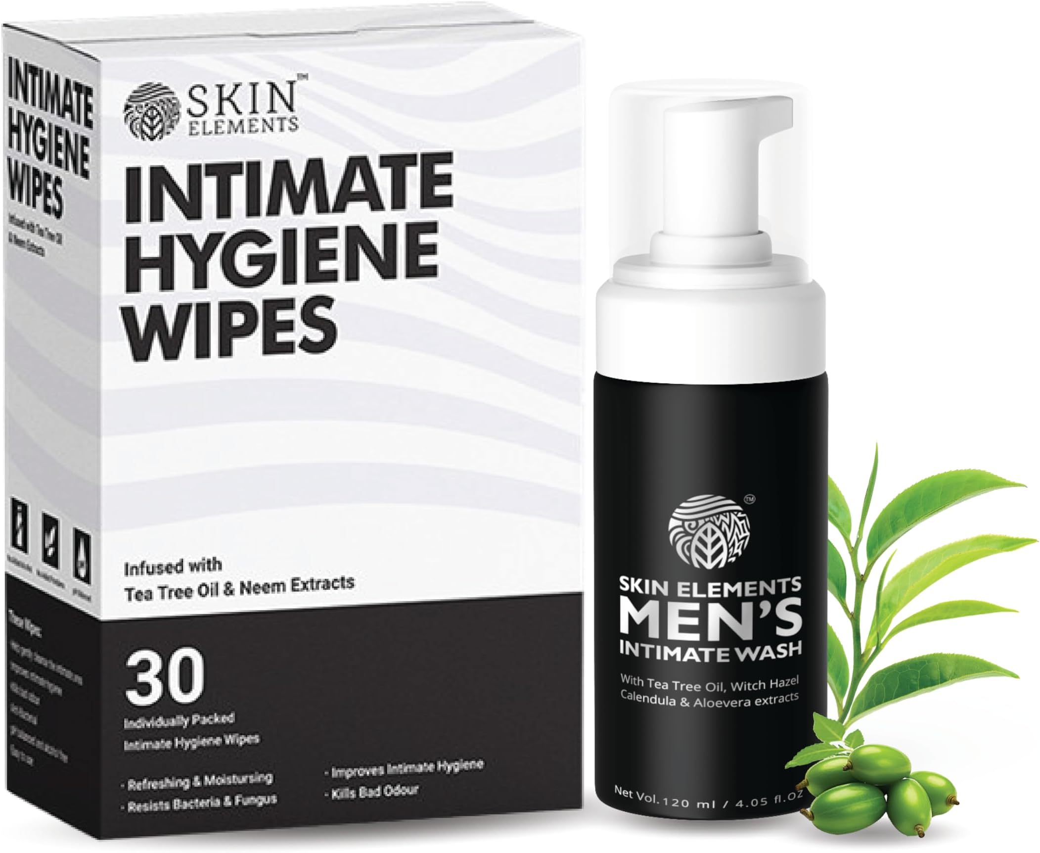 Skin Elements Intimate Hygiene Combo| Intimate Wash Men 120 ml+Intimate Wipes 30 Individual Sachets With Tea Tree & Neem Extracts - pH Balanced Foaming Wash Prevents Irritation & Bad Odor