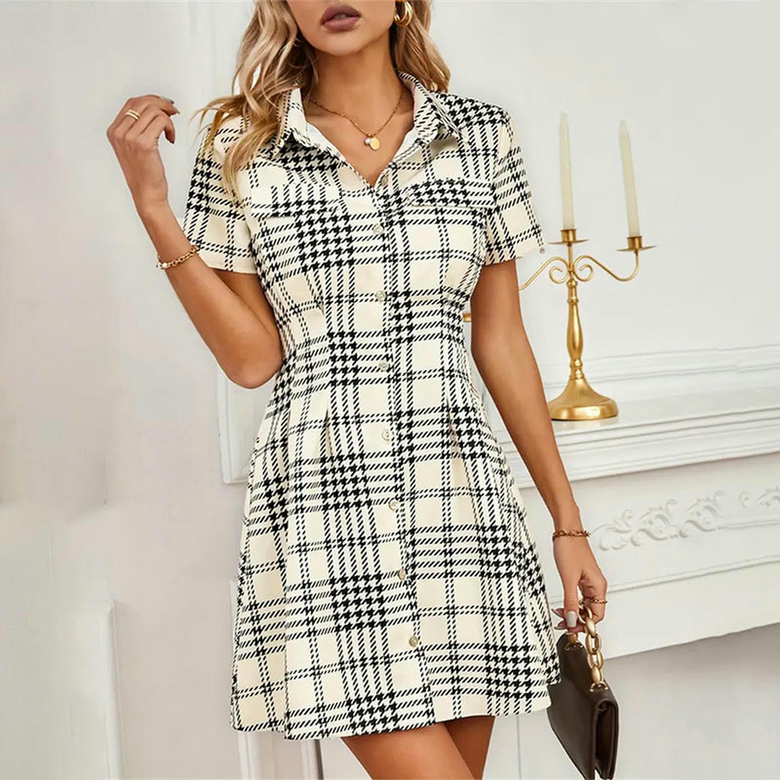 Letnia sukienka damska Lapel Short Sleeve Button Print Koszula sukienka rekreacyjna talia sukienka morelowa XL