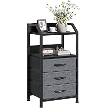 Bedside Table, Nightstands with 3 Fabric Drawers and Open Shelf, Modern Sofa End Tables with Wood Top and Metal Frame for Bedroom, Living Room, Small Spaces,Black
