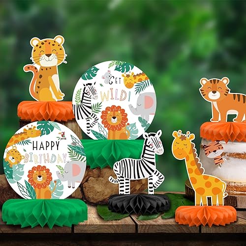 Miniatura 5 de Decoraciones de cumpleaños de safari, centro de mesa  Suministros de fiesta temática de animales de la selva, adornos de mesa de panal para