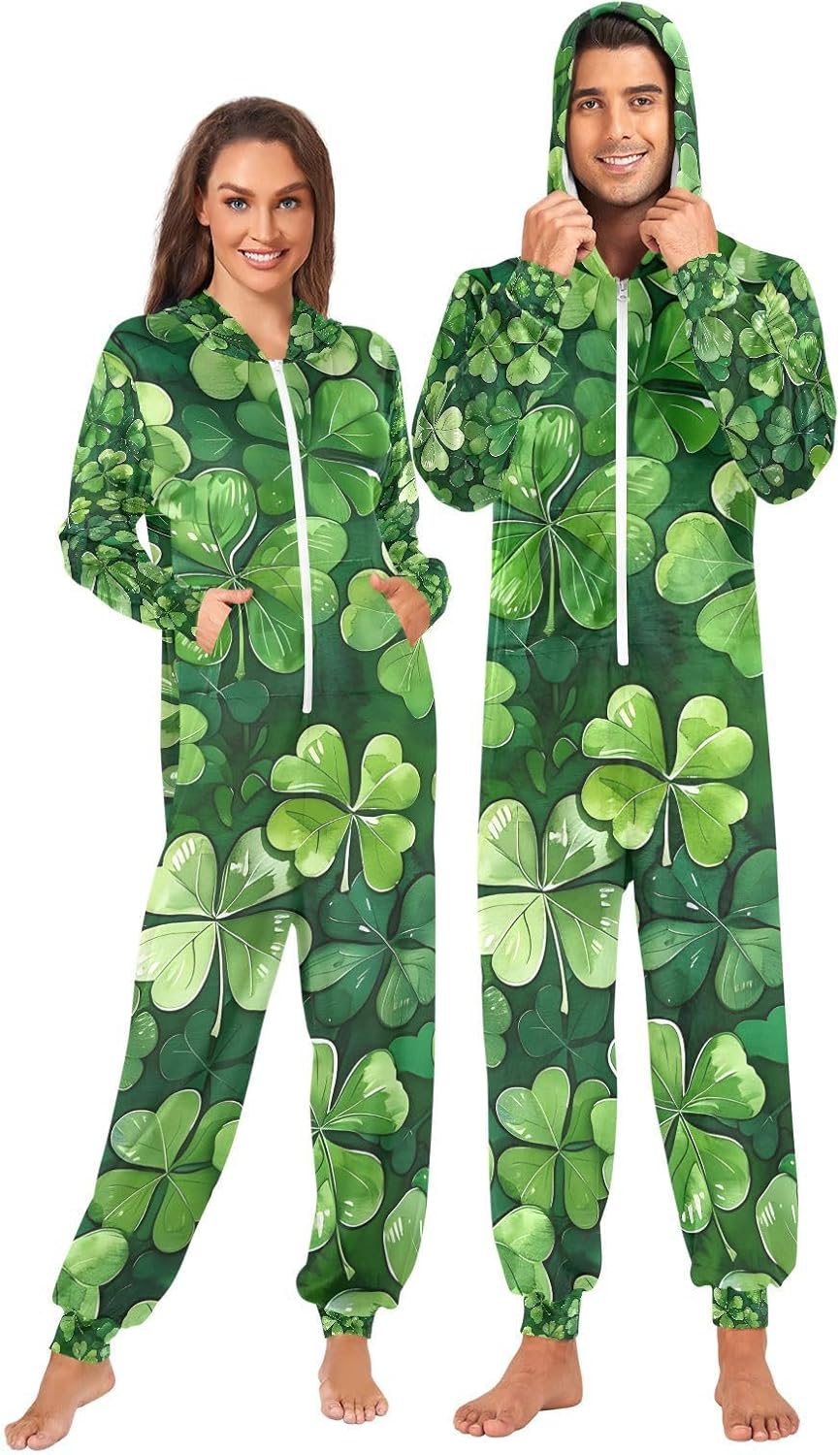 Four Leaf Clover Leaves Unisex Adult Onesie Pajamas Comfy One Piece Costume Jumpsuits Novelty Sleepwear Homewear for Men Women