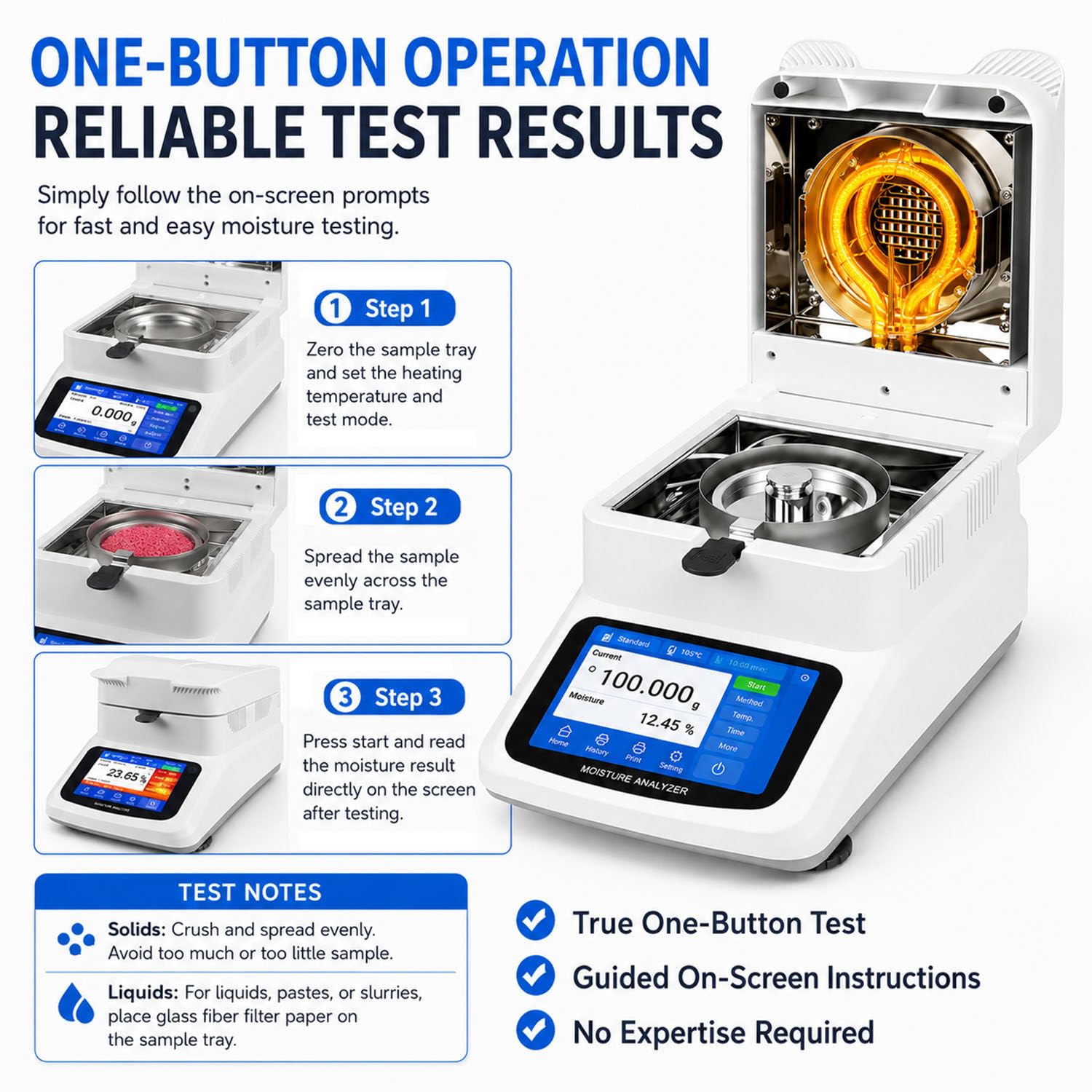 Analizador Digital, 120g, 0,01%, 40-230°C 0.005g | Calentamiento halógeno con apagado automático. Perfecto para cereales y piensos.