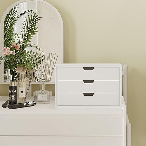 Miniatura 9 de ALEX - Organizador de escritorio con 3 cajones, elegante organizador de maquillaje cosmético de madera blanca para oficina, tocador, mesa,