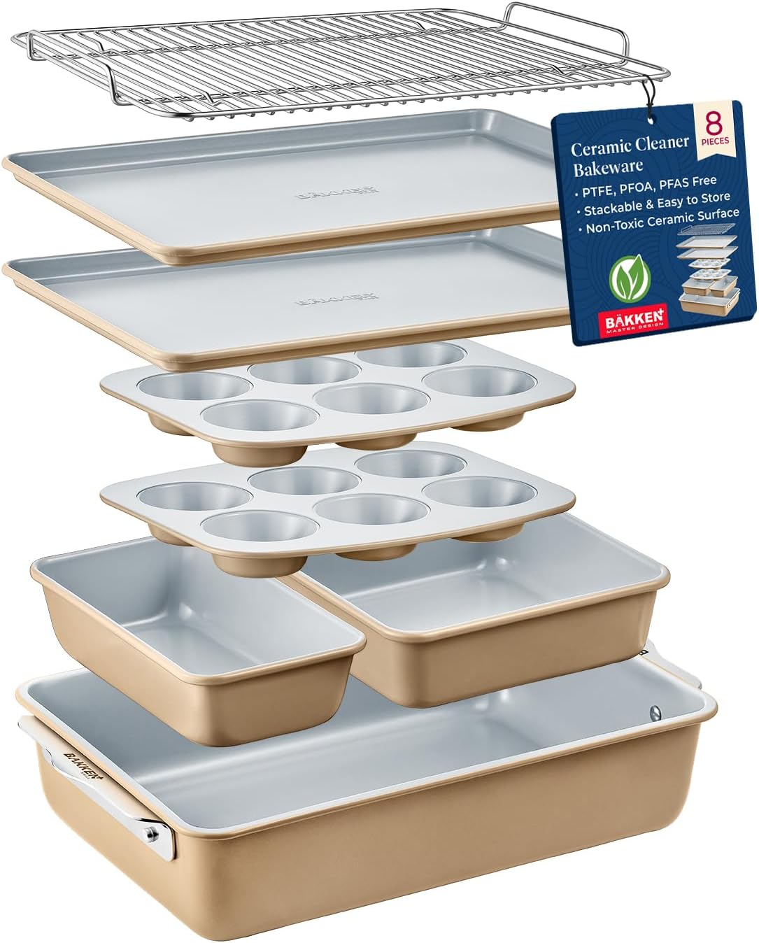 Bakken 8-Piece Stackable Bakeware Set – Ceramic Non-Stick, Oven-Safe Baking Sheets & Pans, PTFE/PFOA/PFOS-Free, Ergonomic Handles, Includes Cooling Rack – Healthy, Non-Toxic Baking Essentials