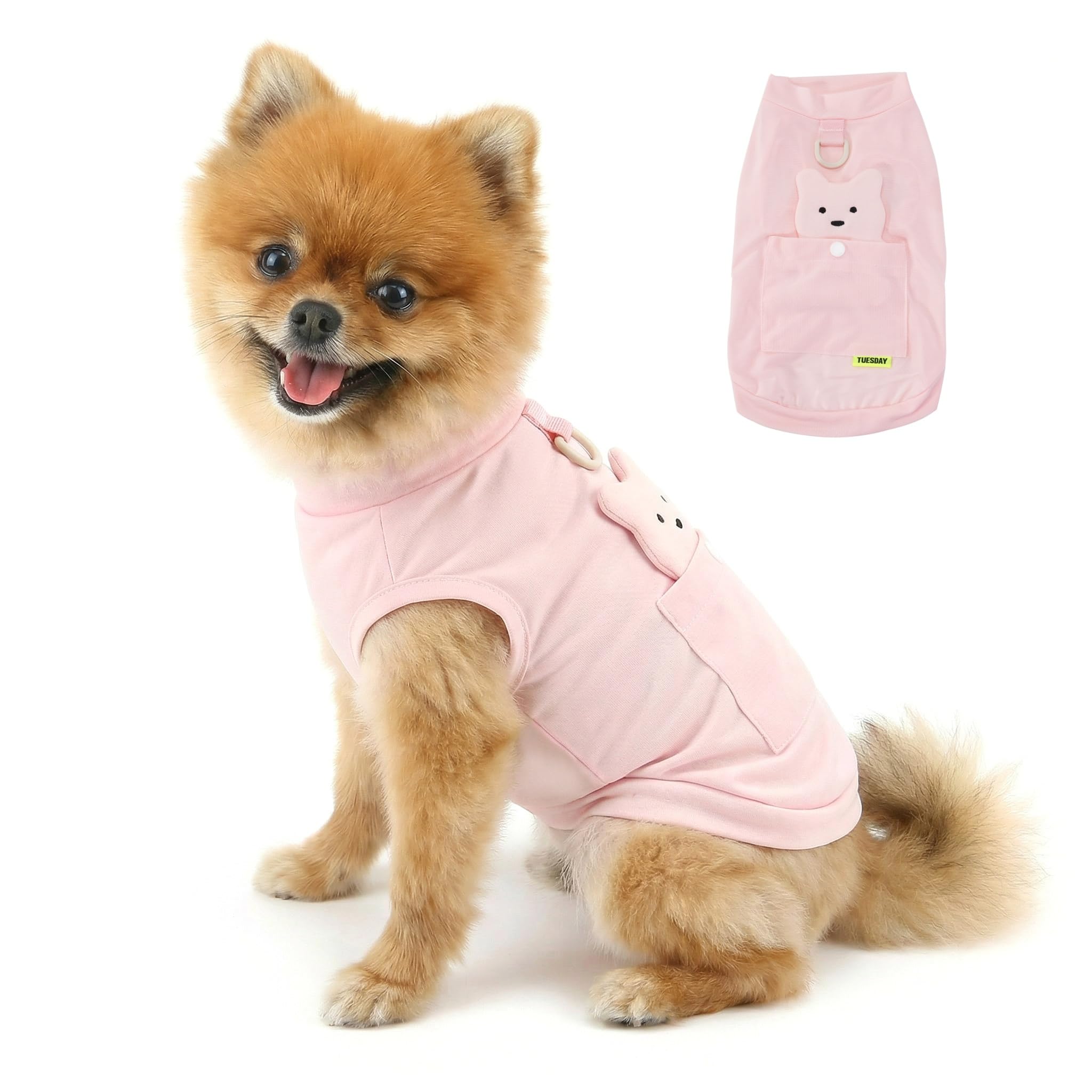 PAIDEFUL Cooling Dog Shirt with Leash Ring & Bear Treat Pocket, UV Sun Protection Mesh Puppy Vest, Lightweight Breathable Stretchy Cat Apparel, Sleeveless Summer Tank Top for Small Dogs,Pink,M