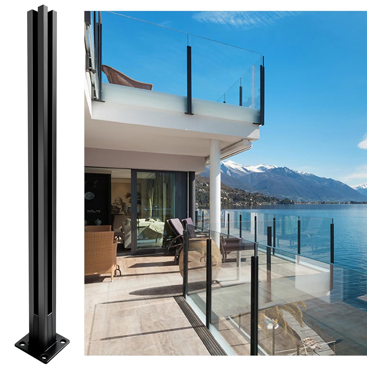 3ft(H/36) Glass Balustrade Corner Post with Mounting Strip,Black Garden Privacy Fence Posts with Spigot Slot&Sturdy Base for Glass,Wood,PVC,DIY Serial Post for Step,Balcony,Hallway,Deck,Yard