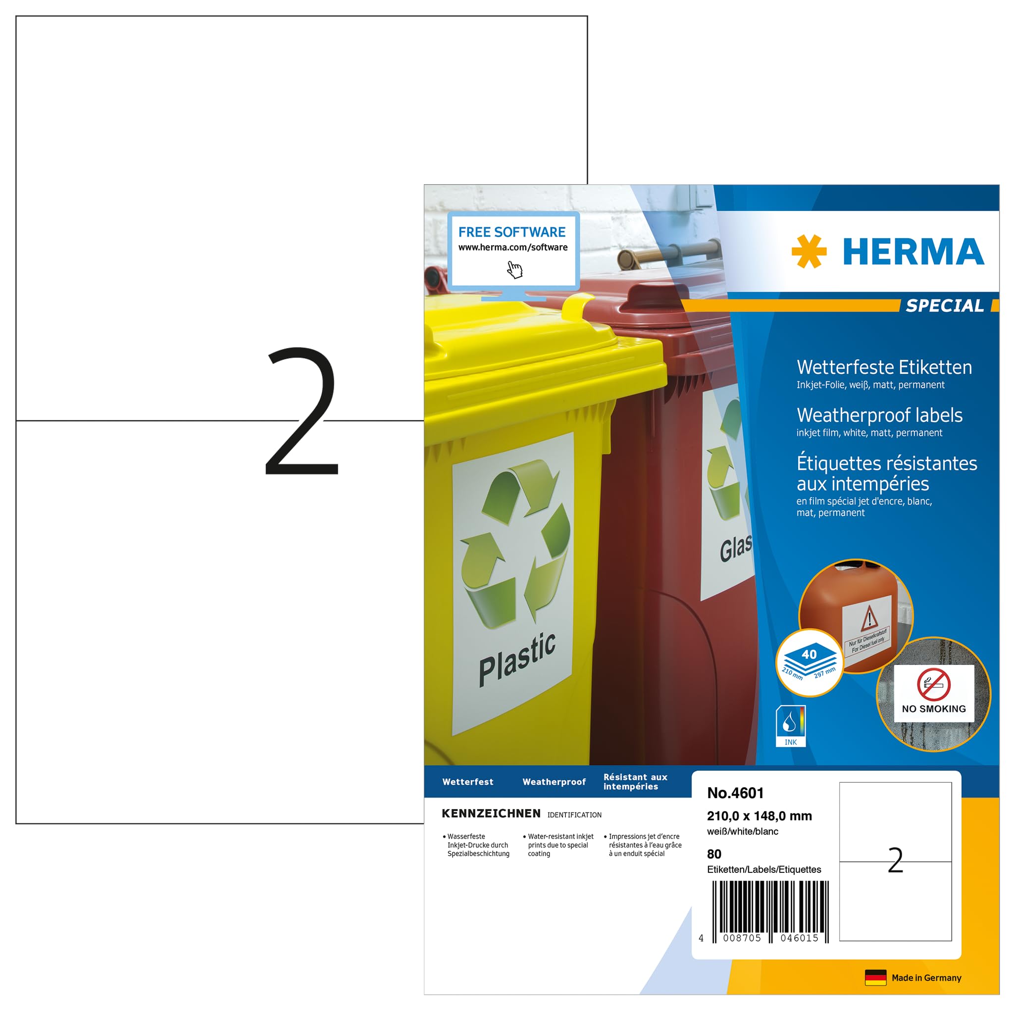 HERMA 4601 Wetterfeste Folienetiketten für Inkjet Drucker, 40 Blatt, 210 x 148 mm, 2 pro A4 Bogen, 80 Stück, selbstklebend, bedruckbar, matt, Klebeetiketten Aufkleber für Tintenstrahldrucker, weiß