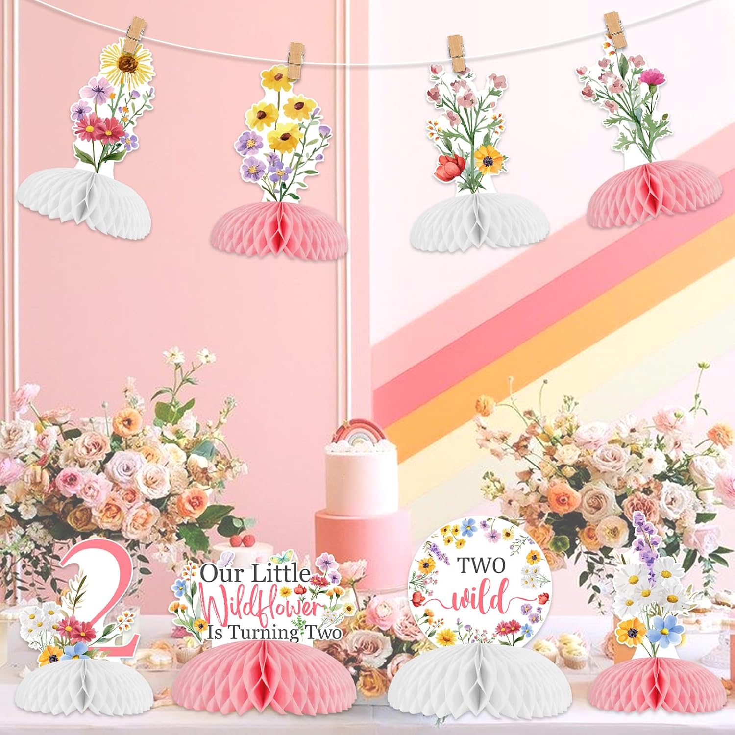 JOYMEMO 8 Pieces Wildflower 2nd Birthday Honeycomb Centerpieces Girl - Flowers Two Wild Second Birthday Table Decorations, Our Little Wildflower Is Turning Two Table Toppers Garden Birthday Party