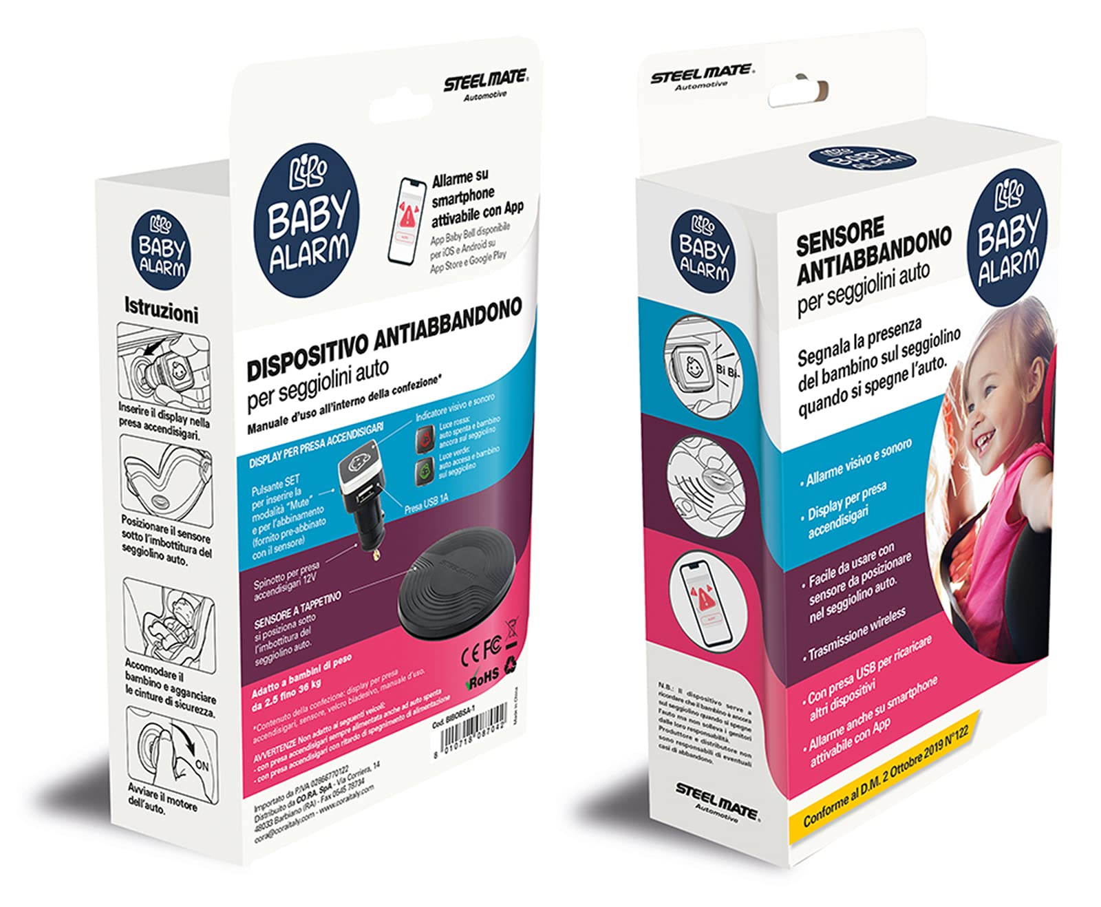 Dispositivo antiabbandono BIBO Baby Alarm. Funziona Con e Senza smartphone. Facile da Installare e Utilizzare. Sistema Esclusivo Doppia Sicurezza. Allarme visivo e sonoro