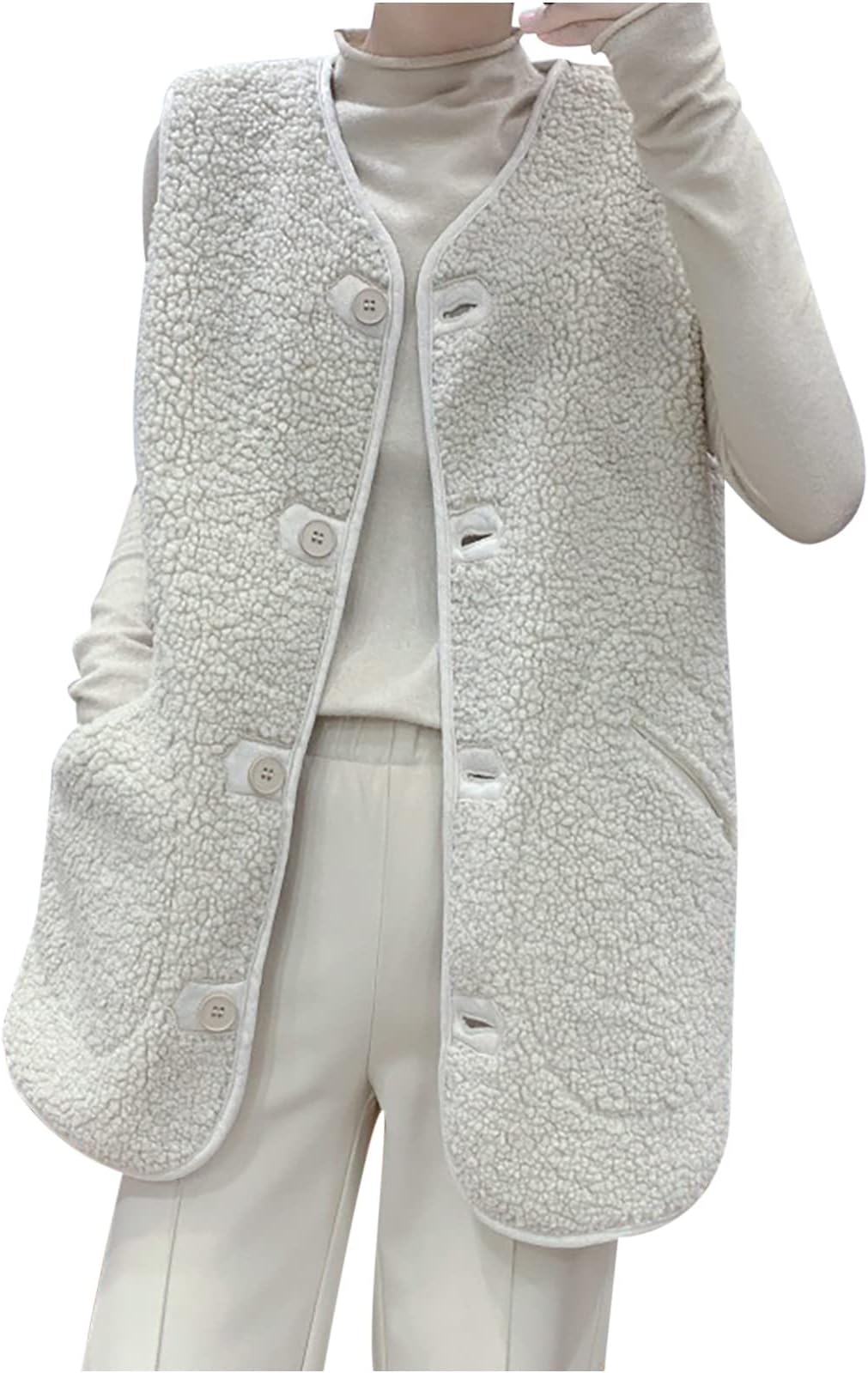 tuduoms Womens Sherpa Vest Casual Warm Fuzzy Faux Shearling Vest Sleeveless Fleece Jacket Pockets Teddy Coat Gilet for Winter