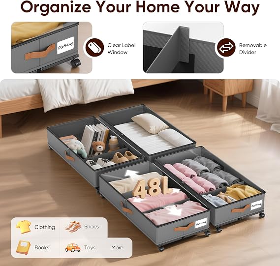 2 Pack Under bed Storage Box with Lid 48L UnderBed Storage Bag with Zips & Wheels, Removable Divider, Metal Frame Underbed Organizer Drawer Bin for Clothes Shoes Toys Blankets 78×42×17cm