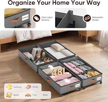 2 Pack Under bed Storage Box with Lid 48L UnderBed Storage Bag with Zips & Wheels, Removable Divider, Metal Frame Underbed Organizer Drawer Bin for Clothes Shoes Toys Blankets 78×42×17cm