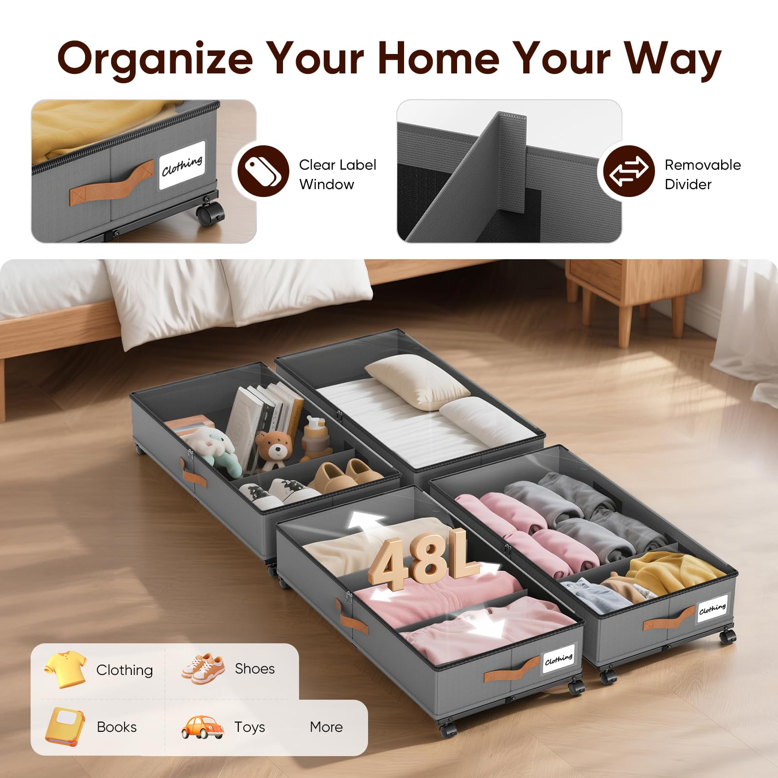 2 Pezzi Scatola per Archiviazione Sotto Letto 48L 78×42×17cm Cassetto Sotto Letto con Ruote Rotazione 360°, Scatola per Archiviazione Sotto Letto con Coperchio in PVC, Scatola per