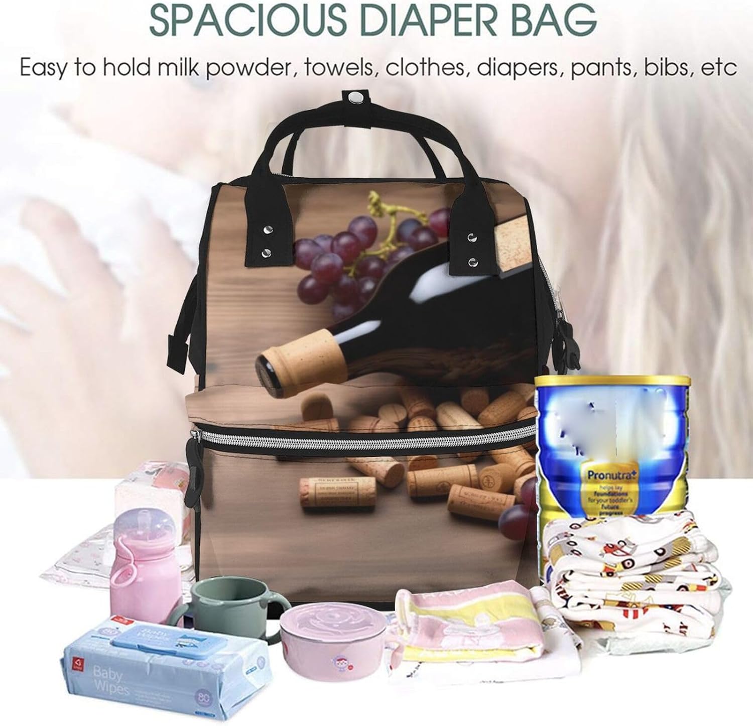 Wine Bottle Corks Grapes Diaper Bag Backpack for Women Multifunction Waterproof Mummy Backpacks for Mom Dad, Large Capacity Nappy Bag with Changing Pad Casual Daypack Travel Bags