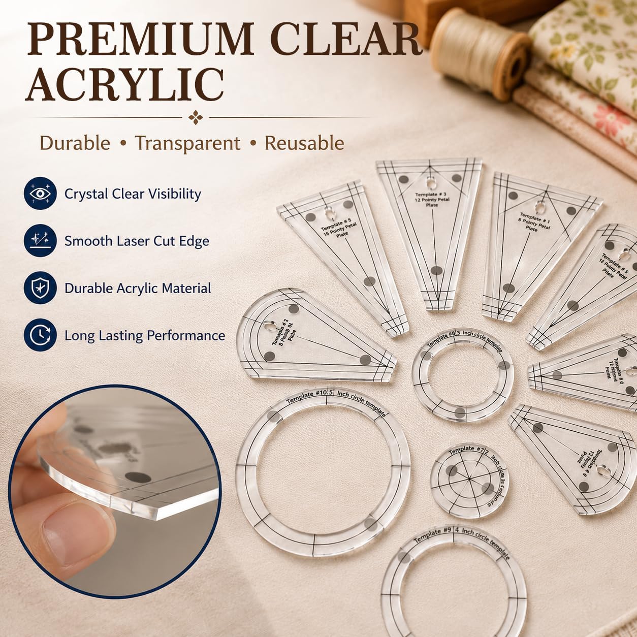 10Pcs Acrylic Quilting Template Ruler Set, Premium Transparent Sewing Machine Plate & Patchwork Templates, Multi-Shape Stencils Including Petal and Tumbler for DIY Clothing Craft Design(Transparent)