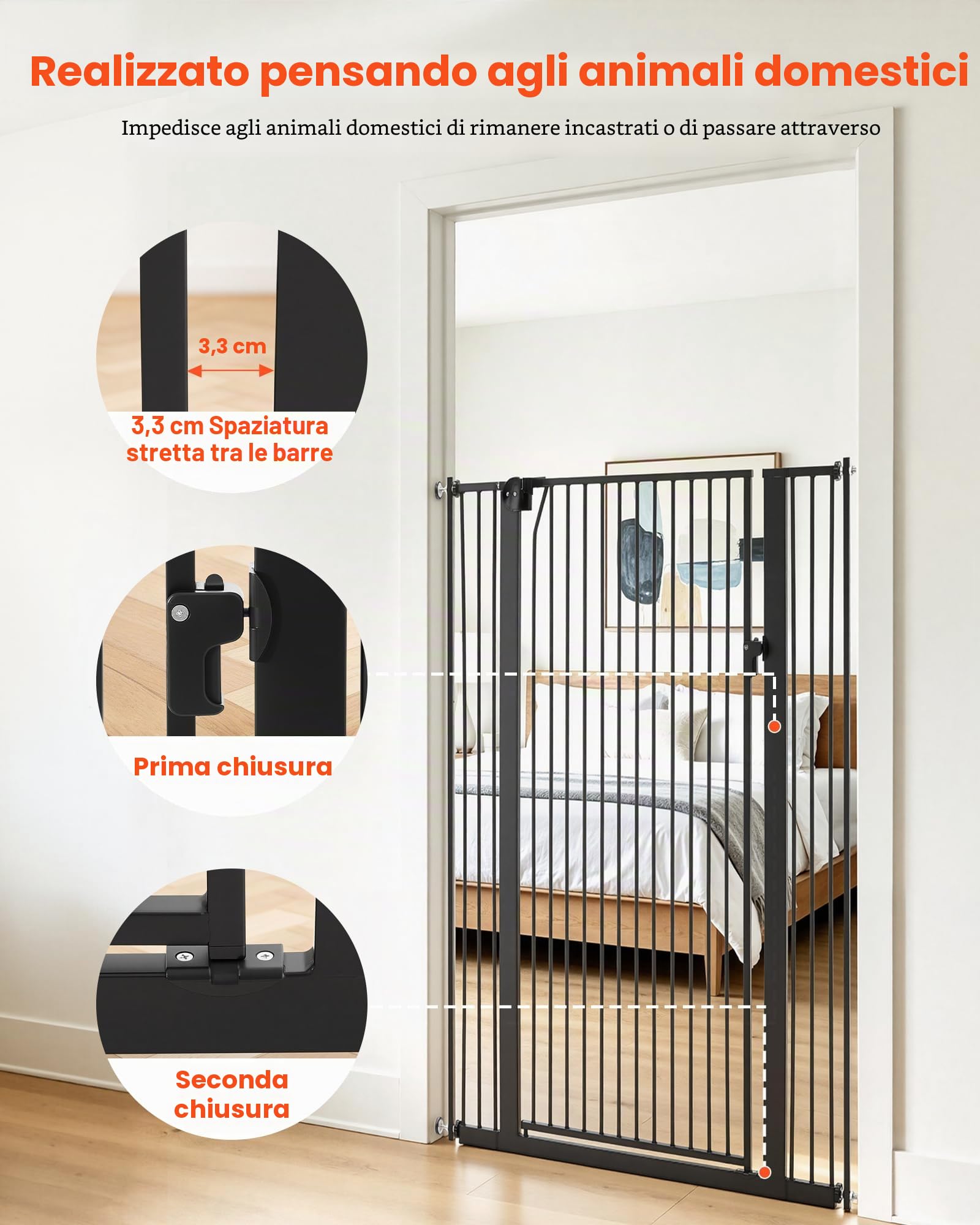 VEVOR Cancelletto per Animali Domestici Alto per Gatti, Cancello Larghezza Regolabile da 740 a 1050 mm Altezza 1420 mm, con Kit di Montaggio a Pressione e a Parete, per Protezione Caduta Scale Porte