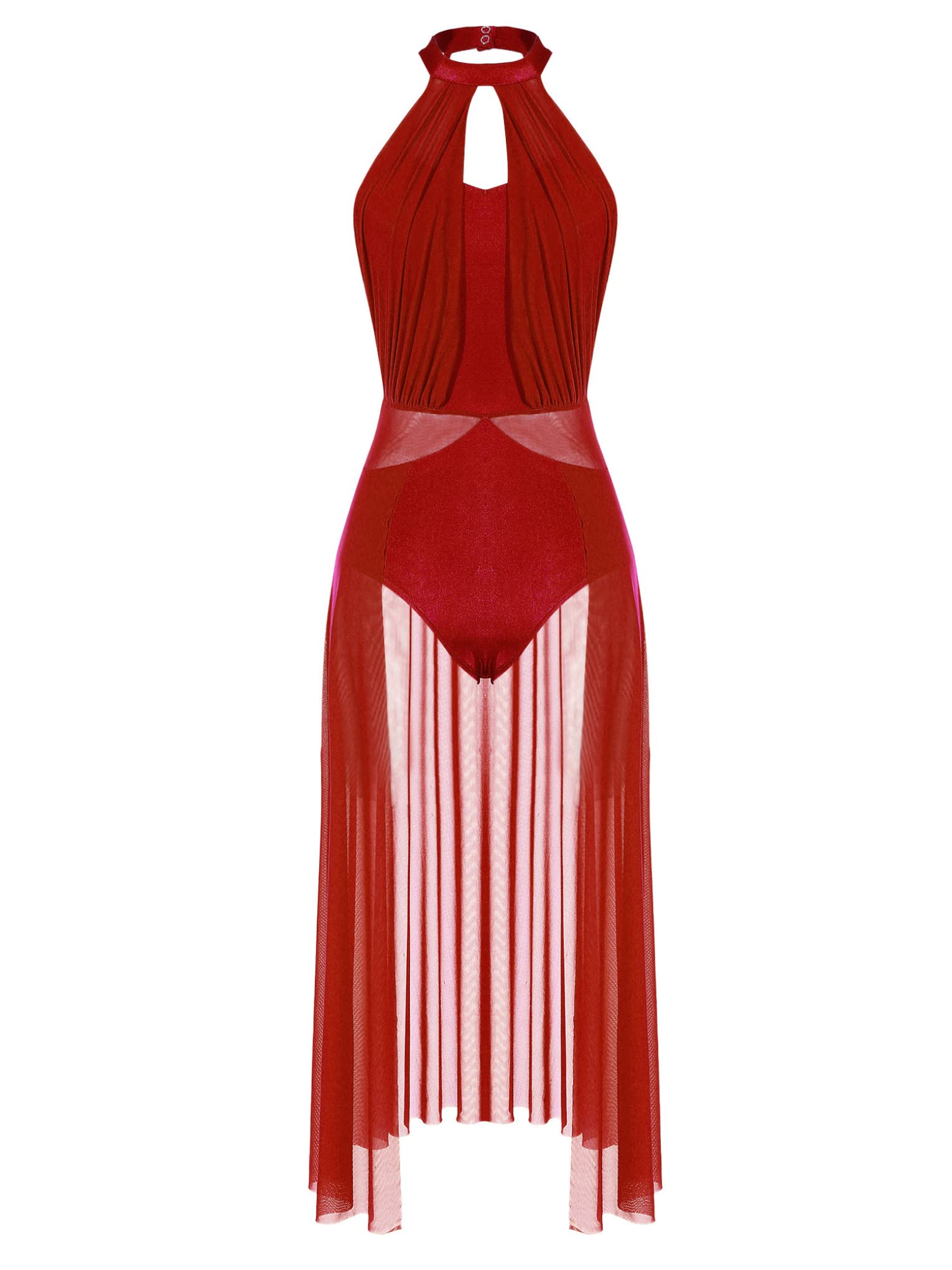 JanJean Womens Sheer Mesh Patchwork Rhinestone Dance Dress Halter Backless Cut Out Lyrical Costumes Wine XX-Large