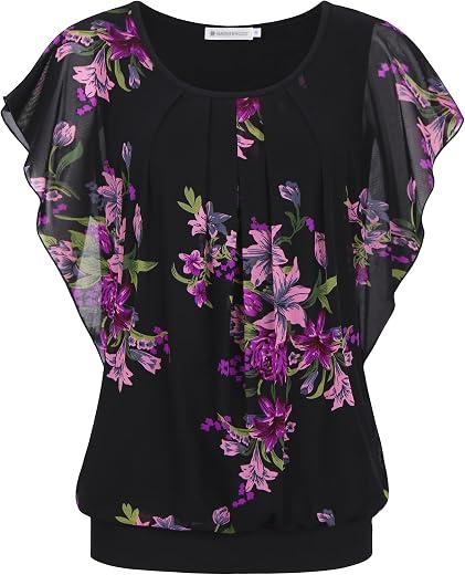 BAISHENGGT Women's Printed Flouncing Flared Short Sleeve Mesh Blouse Top