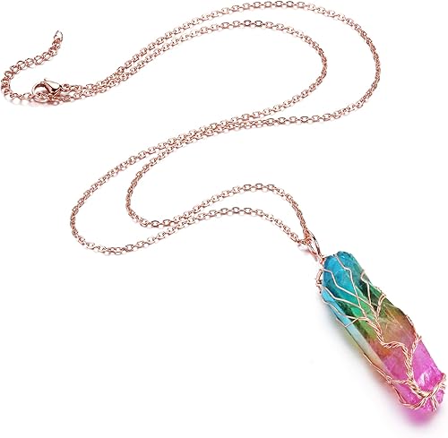 Miniatura 6 de PESOENTH Paquete  2 artículos árbol de la vida arco iris cuarzo cristal piedra preciosa reiki curación roca cruda chakra colgante + 7 pulseras de