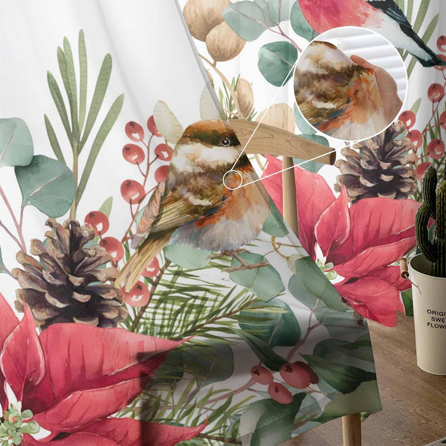 Christmas Sheer Curtains 84 Inches Long, Christmas Poinsettia Holly Curtain for Living Room, Rod Pocket Berry Eucalyptus Window Voile Curtain Drapes for Bedroom 2 Panel Winter Floral Curtains Decor