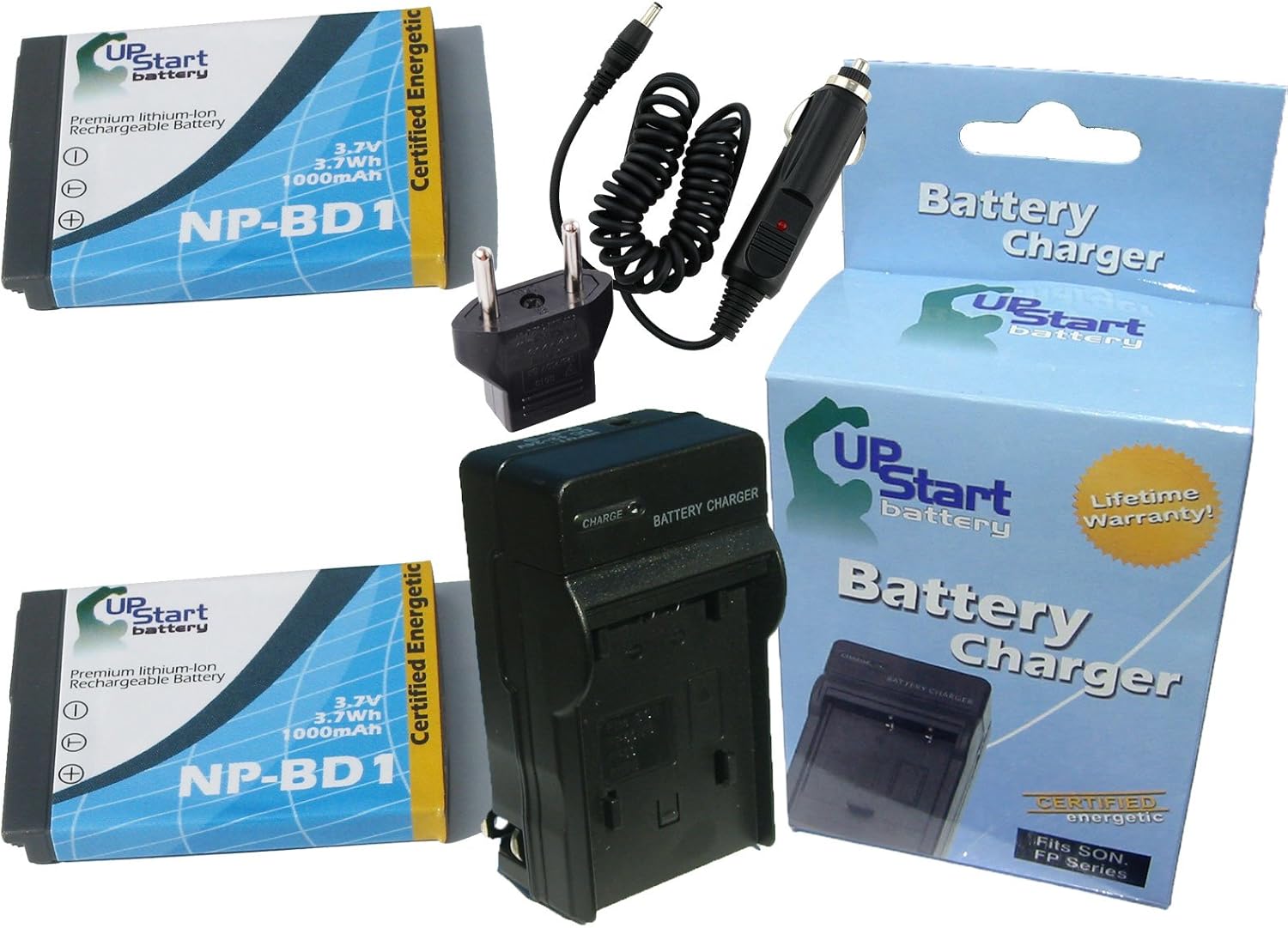 2 Pack - Replacement for Sony NP-BD1 Digital Camera Battery and Charger Replacement with Car & EU Adapter (1000mAh 3.7V Lithium-Ion) - Compatible with Sony Cybershot DSC-T70 Cybershot DSC-T77 DSC-T200
