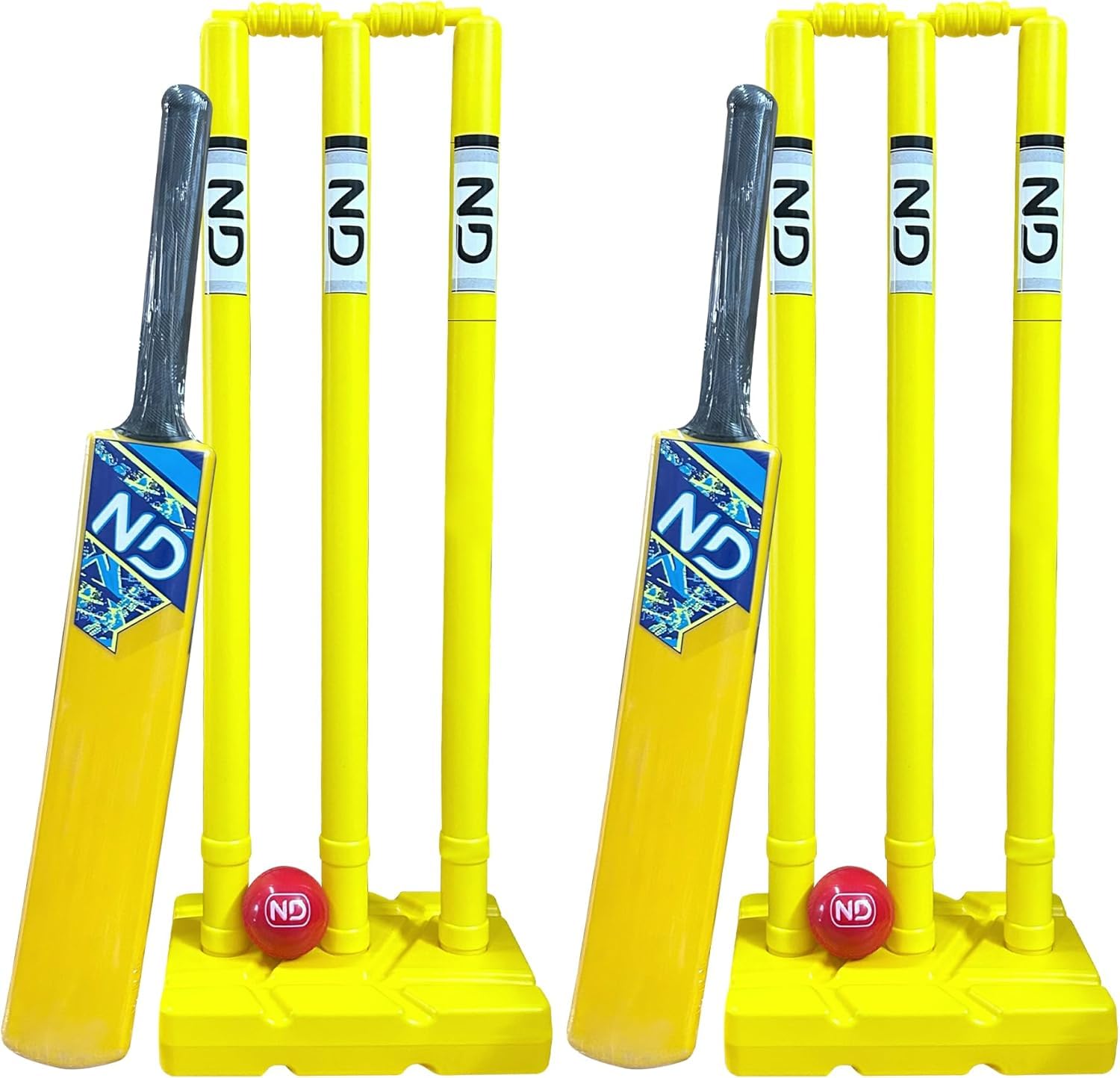 ND Sports Cricket Set – Plastic Stumps, Bat & Ball | Lightweight, Durable & Portable | For Kids & Adults | Indoor & Outdoor Play | With Mesh Handy Carry Bag (Yellow, Junior (Size 5) - Pack 2)