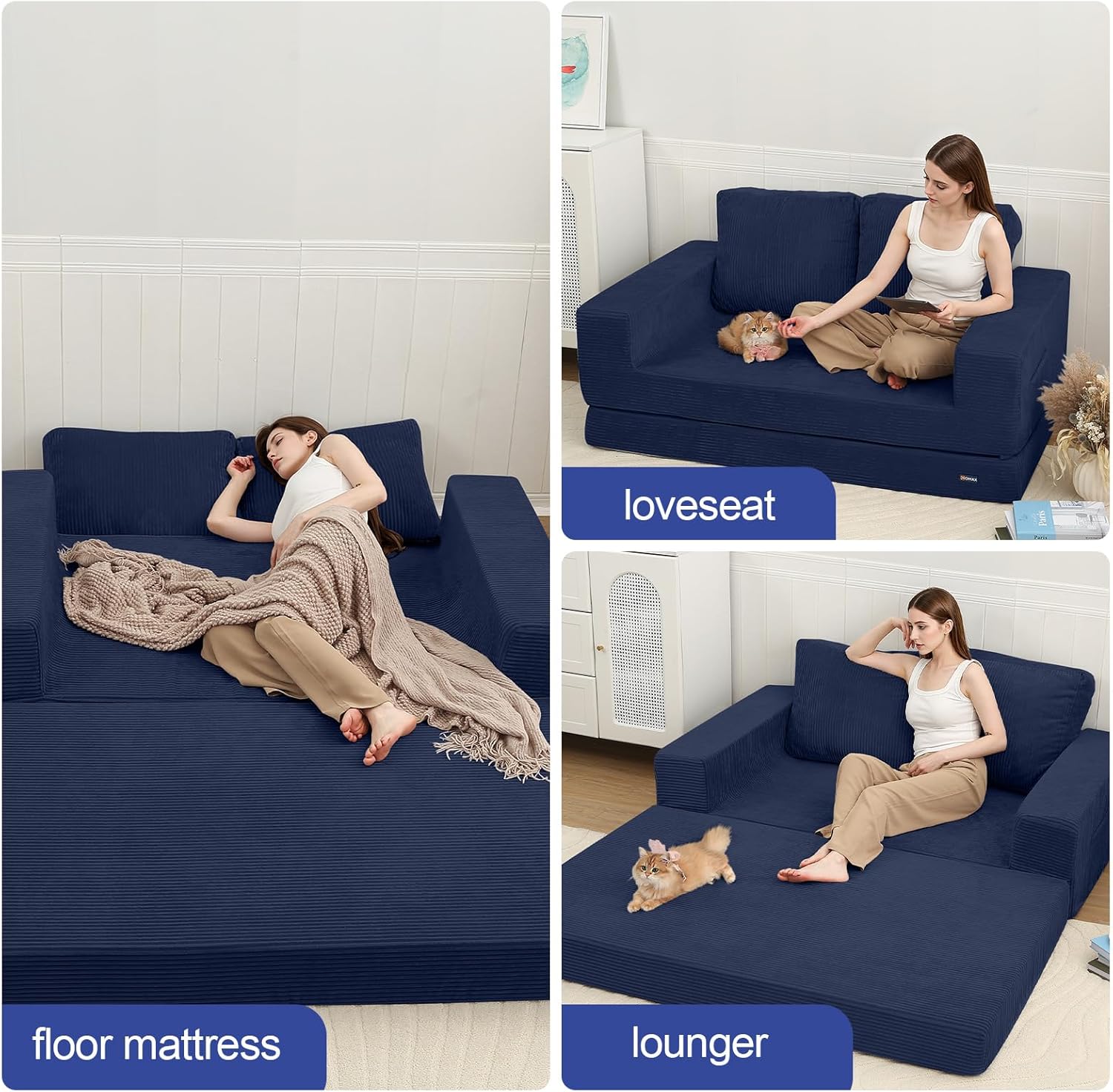 COMAX Convertible Sofa Bed Queen, Folding Fold Out Couch Bed, Floor Couch Corduroy with Back Pillows, Boneless Sofa Comfy Lounge Sleeper Mattress Loveseat for Living Room Bedroom, Navy Blue