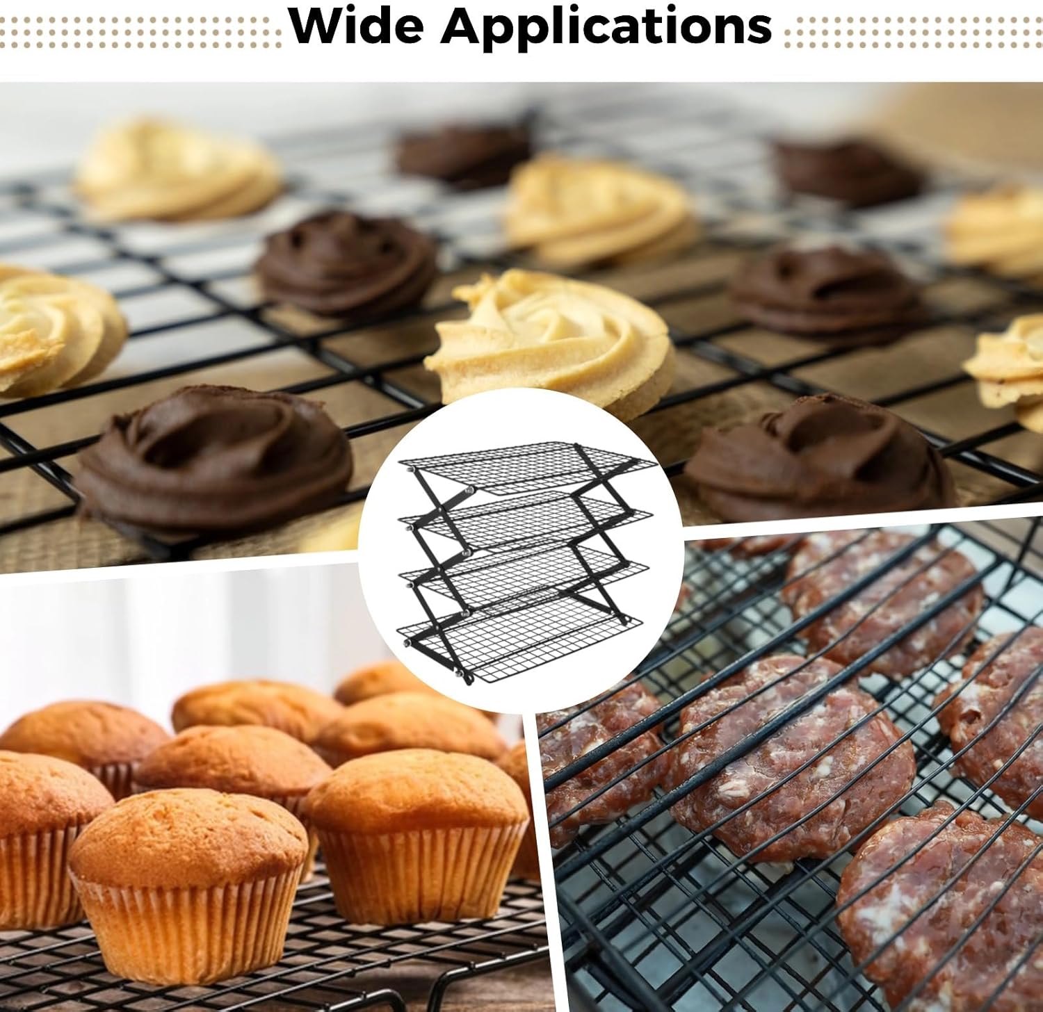 4-Tier Collapsible Cooling Rack, Adjustable Stackable Wire Baking Rack, Iron Wire Rack 17.72 x 9.72 x 16.81 in, Foldable Storage Shelf for Camping Picnic, Roasting Grilling Drying