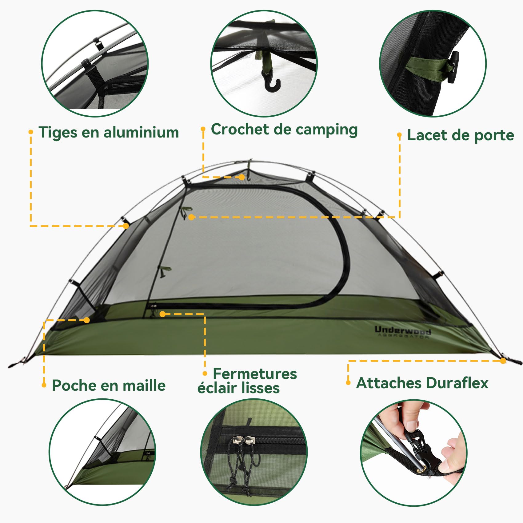UnderwoodAggregator Tente de randonnée pour 1/2 personne,Tente légère et imperméable pour le camping, facile à installer, tente dôme compacte pour 1/2 personne, tente 3 saisons pour randonnée, camping