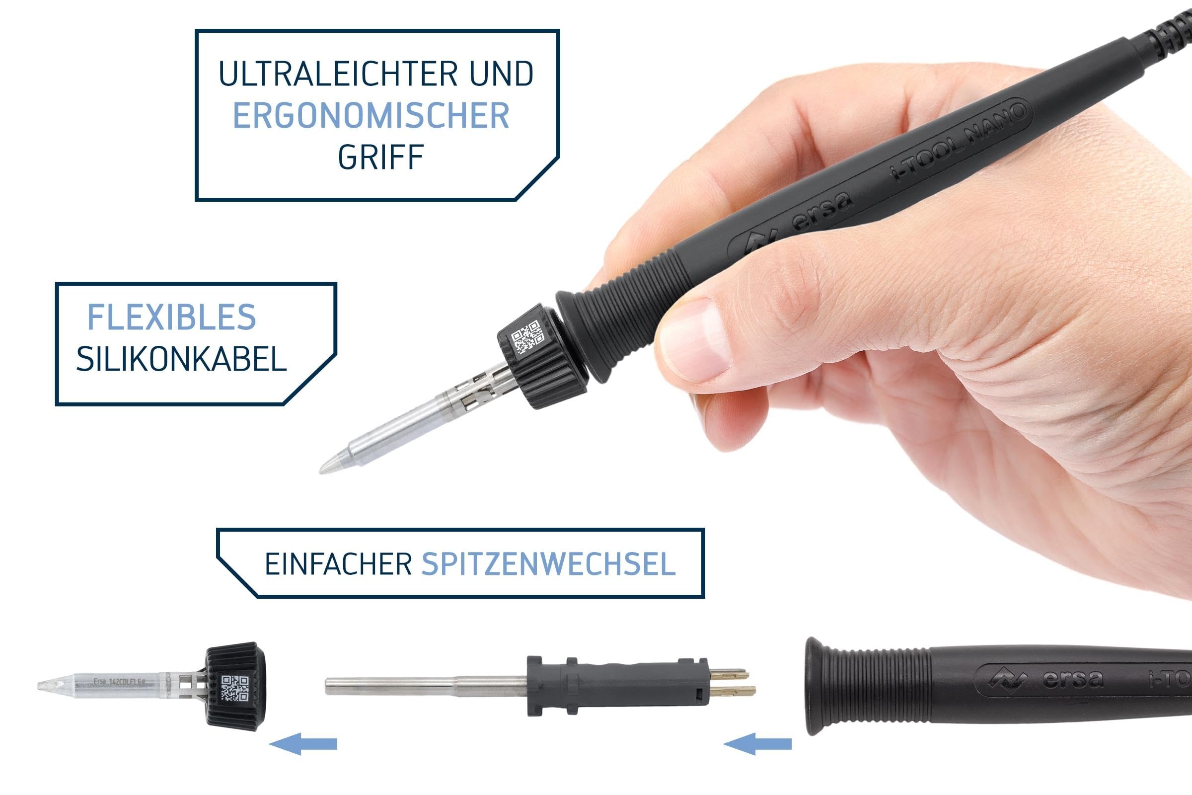 ERSA i-CON NANO MK2 ESD-Lötstation 80 Watt 150-450°C digitale Lötstation mit federleichtem und ergonomischem i-TOOL NANO MK2 Lötkolben mit TIP`N TURN Wechsel + 1,6 mm Lötspitze mit Auto-Standby