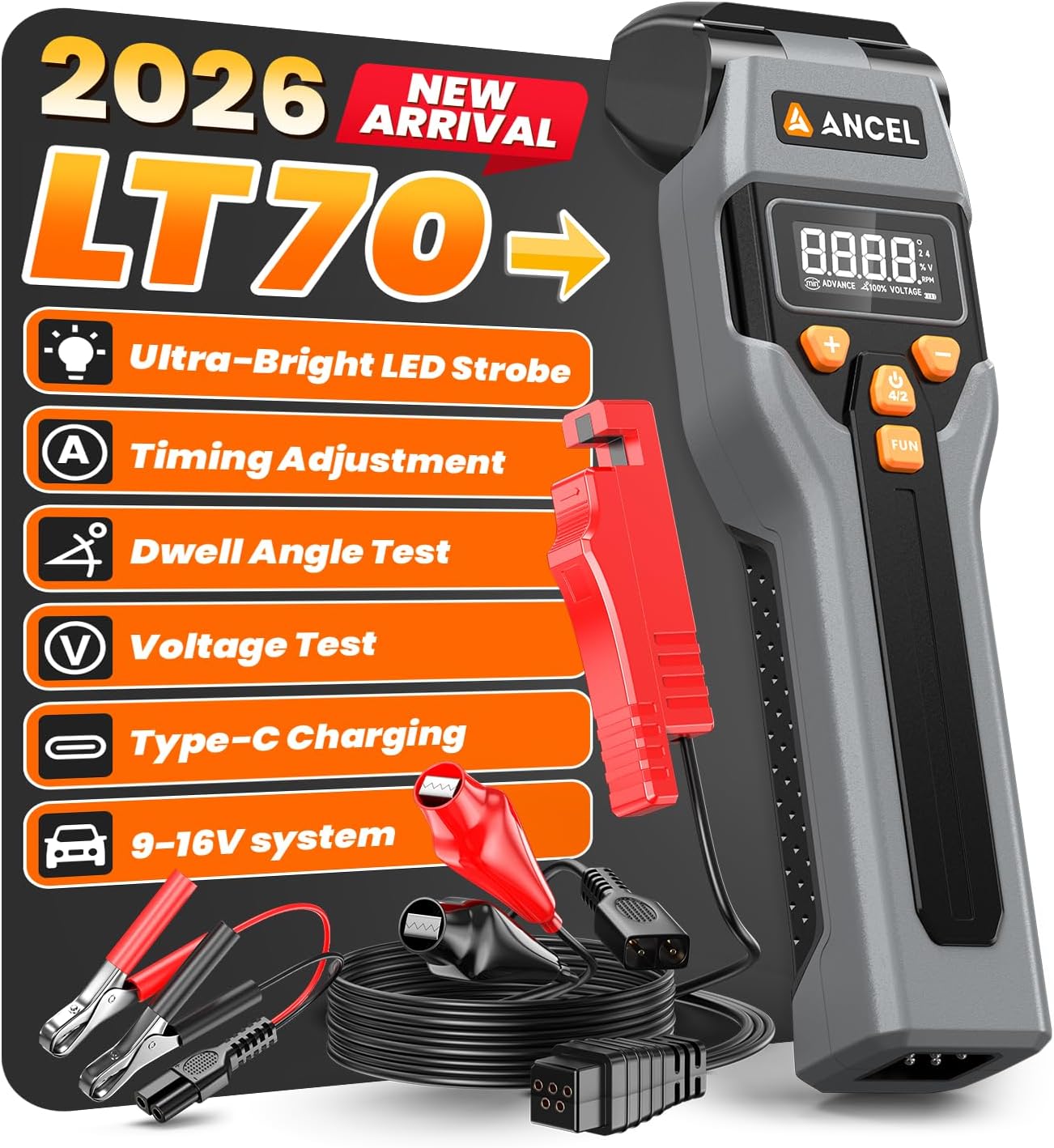 ANCEL LT70 Digital Timing Light Automotive with Tachometer (RPM), Advance, Dwell & Voltage Test, Self-Powered Inductive Ignition LED Timing Gun with Type-C Charging & 12V Backup for Gas Engines