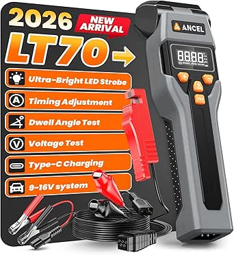 ANCEL LT70 Digital Timing Light Automotive with Tachometer (RPM), Advance, Dwell &amp; Voltage Test, Self-Powered Inductive Ignition LED Timing Gun with Type-C Charging &amp; 12V Backup for Gas Engines