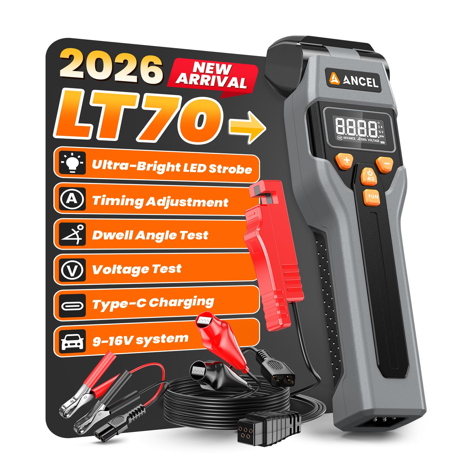 ANCEL LT70 Digital Timing Light Automotive, Inductive Ignition Timing Light Gun with Tachometer, Advance, Dwell & Voltage Test, High Bright LED & Type-C Charging, for 916 V 2 & 4 Stroke Gas Engines