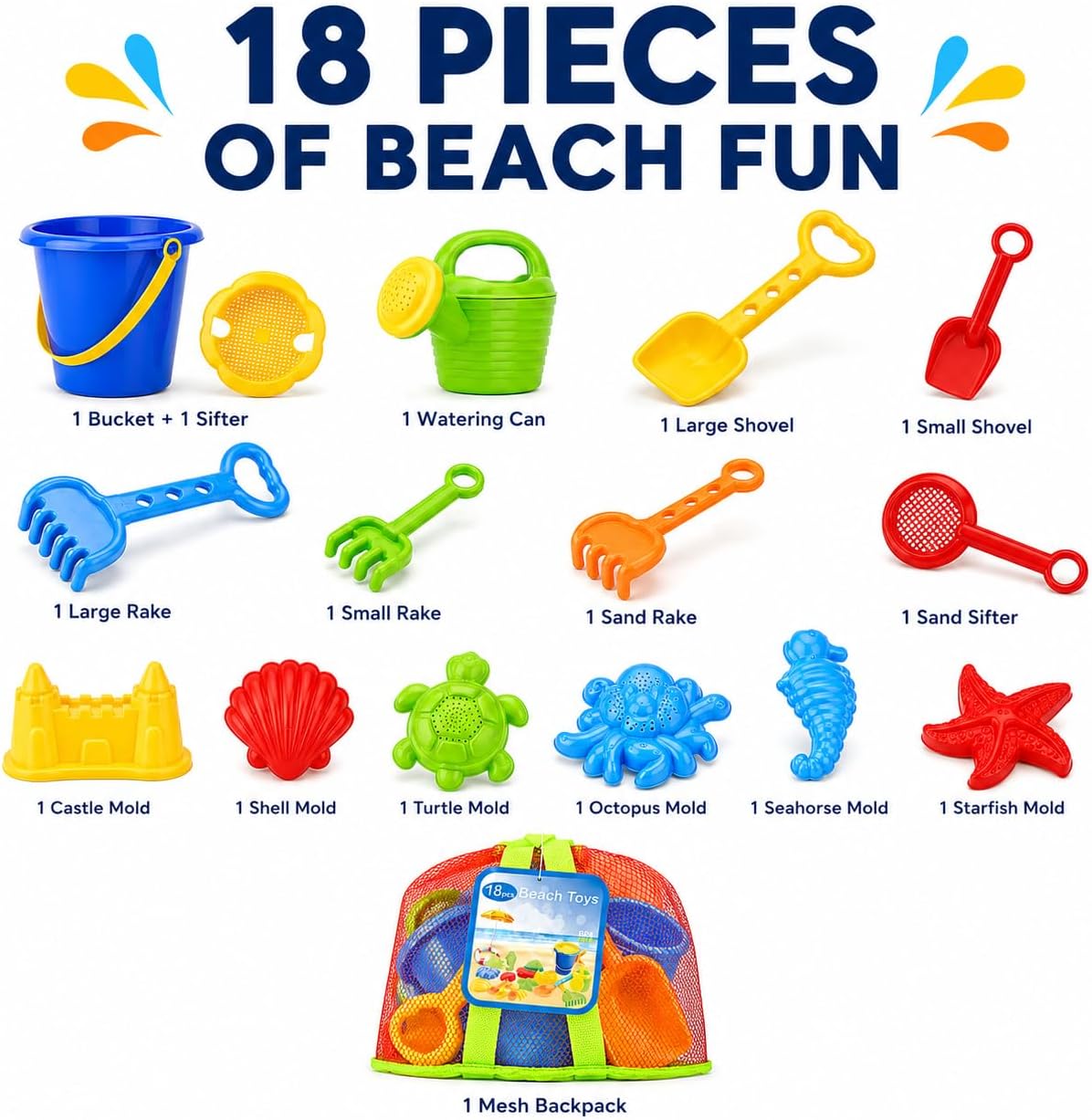 Click N' Play Beach Toys for Kids 3-10 - 18pc Sand Toys Including Sand Buckets for Kids with Sifter, Watering Can, Rake, 4 Hand Tools, 10 Sand Molds & Mesh Beach Toy Bag - Sandbox Toys for Toddlers