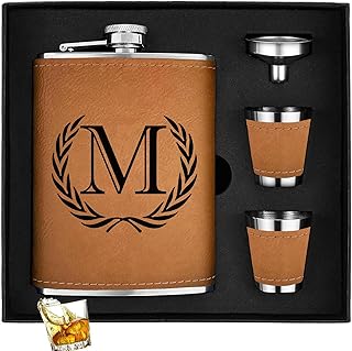 Personalized Monogrammed Liquor Flask for Men - Stainless Steel, Leather, Leak-Proof Design | 8 oz Hip Flask with Funnel & Cups | Ideal for Groomsmen Proposal Gift, Father's Day & Birthdays - M