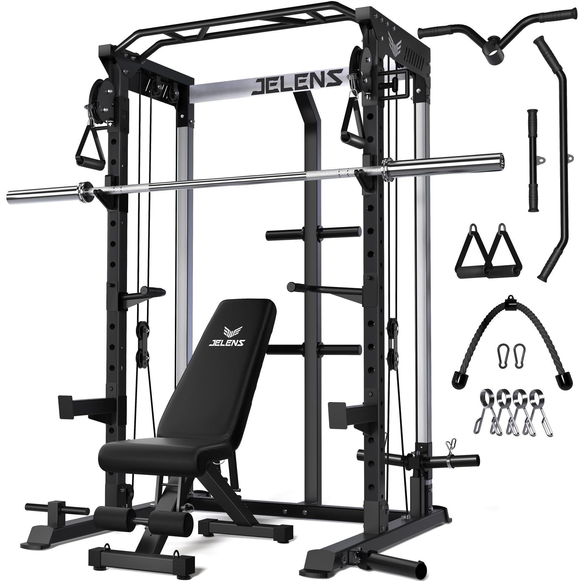 JELENS C21 Power Cage, 2000LBS Multi-Function Power Rack with Independent Dual Pulley System, All-in-One Squat Rack for Cable Crossover, Home Gym Workout Machine