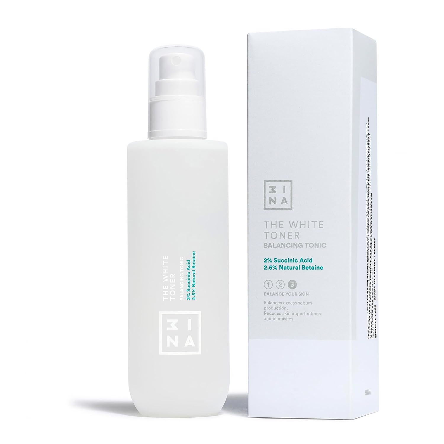 3ina Makeup - The White Toner - Face Toner with 2% Succinic Acid + 2.5% Natural Betaine - Facial Toner Reduces Oily Sebum & Acne - Face Toner - Vegan - Cruelty Free