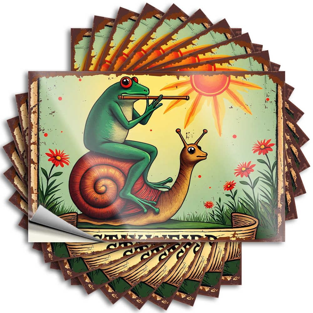 Fzfn Colour Stitch Decals Hard | Frog Playing Flute On Snail Shell Under Sunny Sky Fun Narrow Sticker Pack(6X9cm)