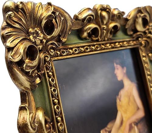 Miniatura 7 de CISOO Marco de fotos pequeño vintage de 4 x 4, marco de fotos cuadrado verde y dorado antiguo para mesa y exhibición de pared, diseño floral