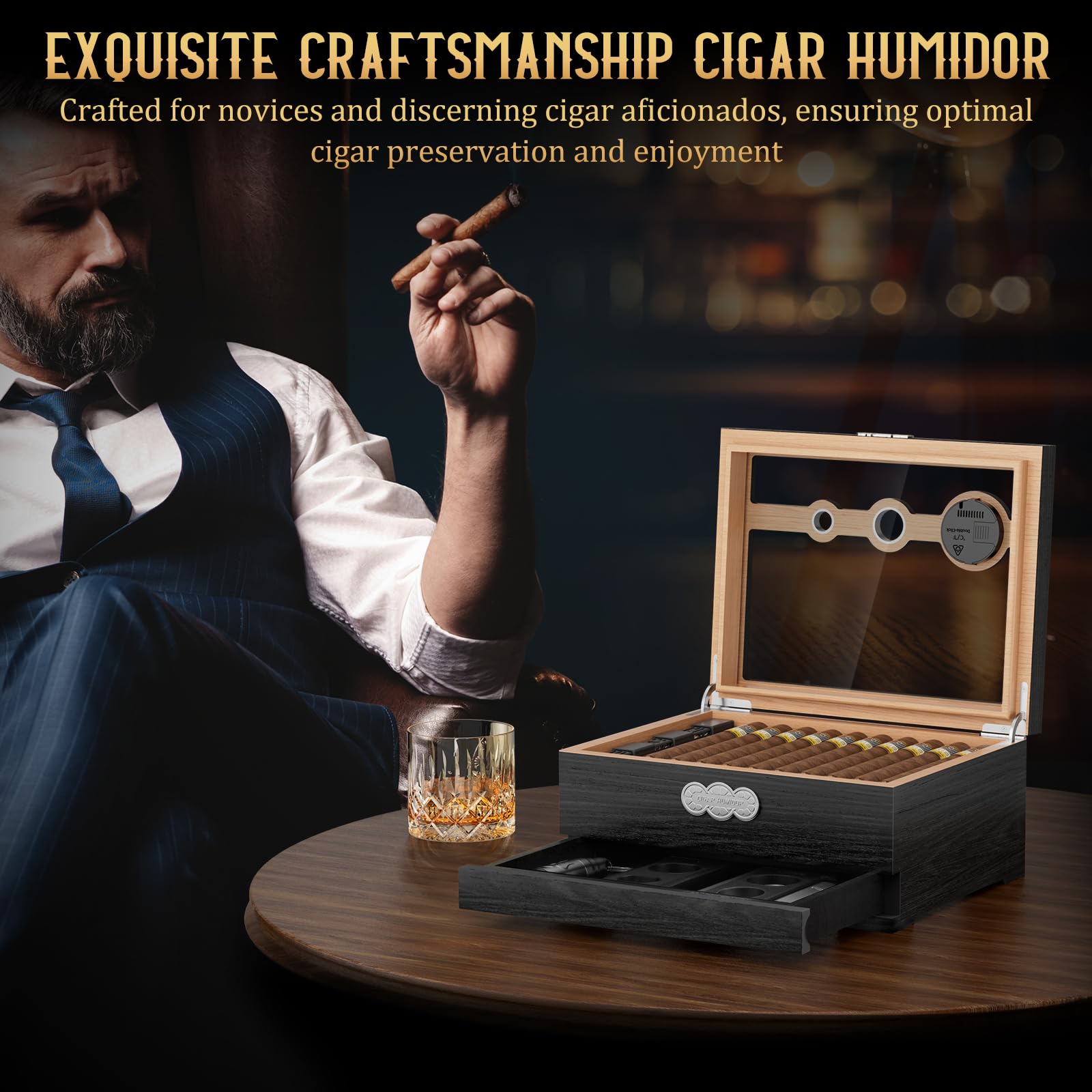 LIHTUN Zigarren Humidor, Glas Top Desktop Humidor Box, Zigarren Geschenke für Männer, Zedernholz Zigarrenkoffer mit Digital Hygrometer, Luftbefeuchter, Messskala und Zigarren Zubehör Schublade