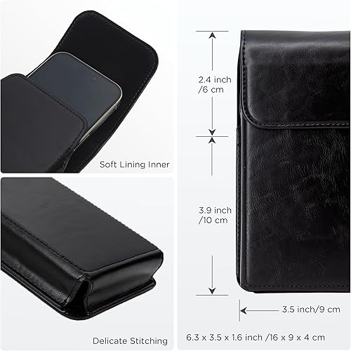 Vista 6 de Funda con clip para cinturón para iPhone 17, 17 Pro, 16, 16 Pro, 15, 15 Pro, 14, 14 Pro, 13, 13 Pro, 12, Galaxy S25, S24, S23, Funda de cuero Negro