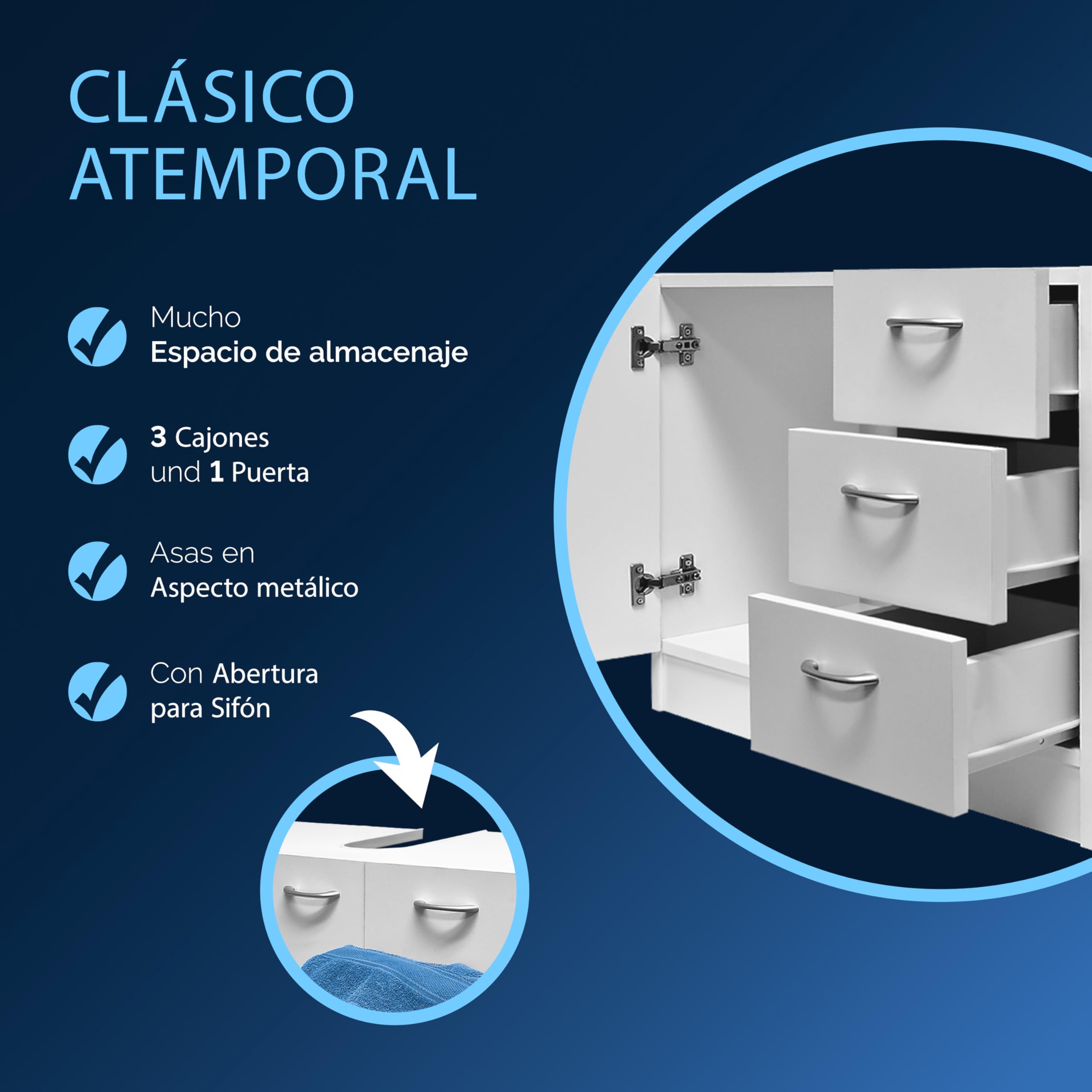 CASARIA Mueble Bajo Lavabo Armario Baño 63x54x30cm Blanco | MDF, 3 Cajones, 1 Puerta, Almacenaje, Toallas, Utensilios Baño, Abertura para Sifón, Organizador, Mueble, Orden, Accesorios
