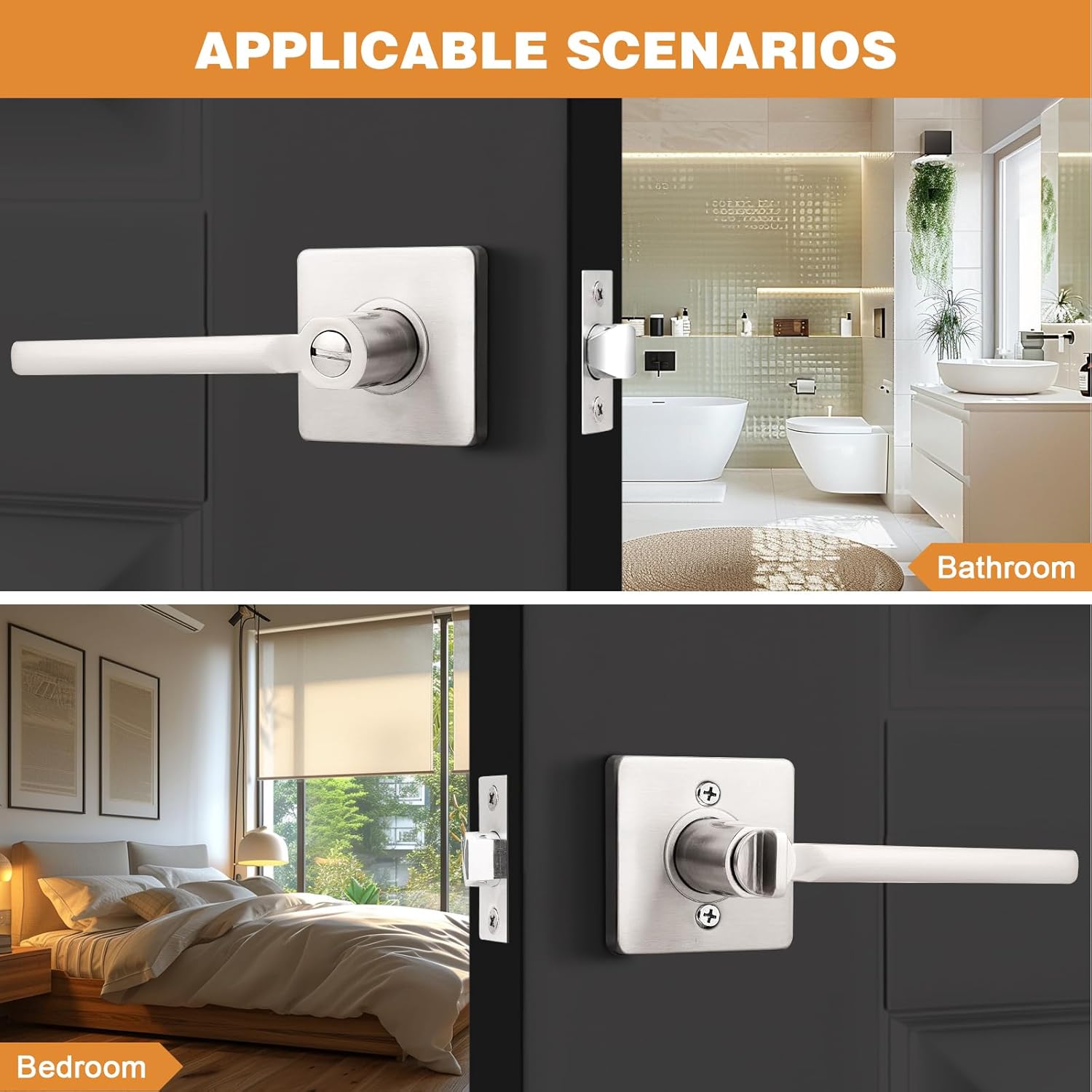 Probrico Satin Nickel Privacy Door Handle (2 Pack) and Passage Door Handle (2 Pack), Heavy Duty Reversible Door Knobs, Keyless Door Lever for Bedroom or Bathroom and Hallway Closet