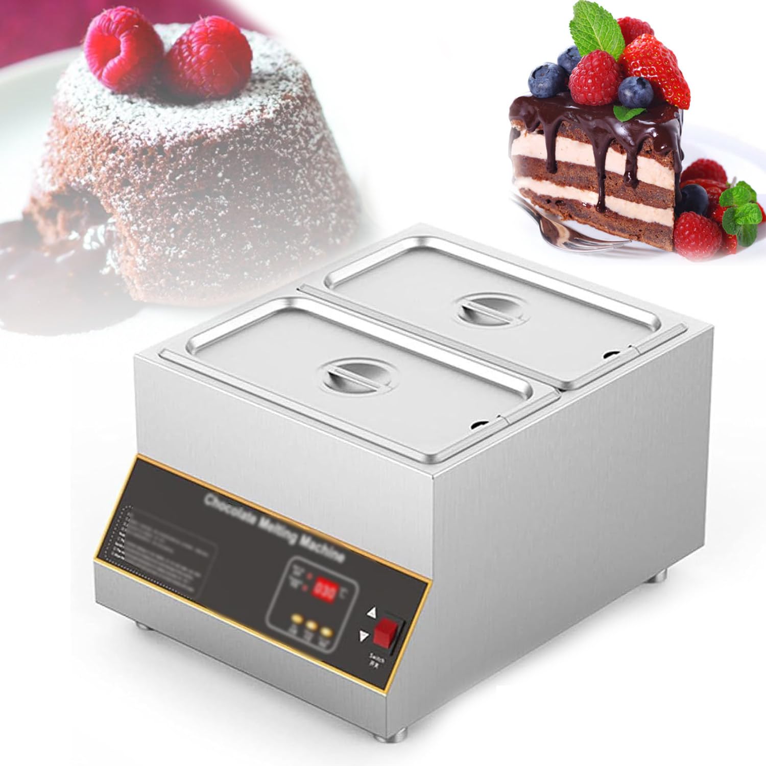 Dwukomorowa maszyna do topienia czekolady, moc grzewcza 500 W, pełna kontrola temperatury, stal nierdzewna klasy spożywczej, idealna do topienia czekolady i deserów