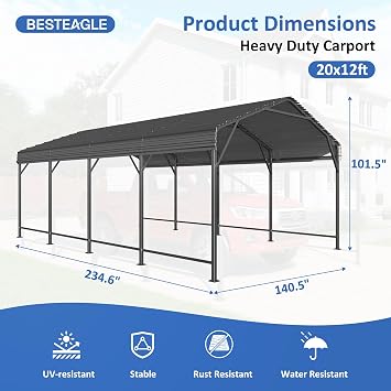 12x20FT Metal Carport, Carports with Reinforced Frame and Enhanced Base, Heavy Duty Carport Canopy for Car, Boats, Tractors, Trucks or Party, Dark Gray