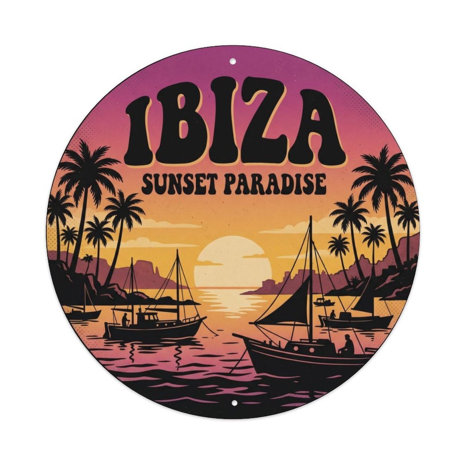 Vintage Travel Ibiza Sunset Balearic Metal Tin Sign Plaque Wall Decor for Cafe, Club, Garden Round Metal Poster 8x8Inch