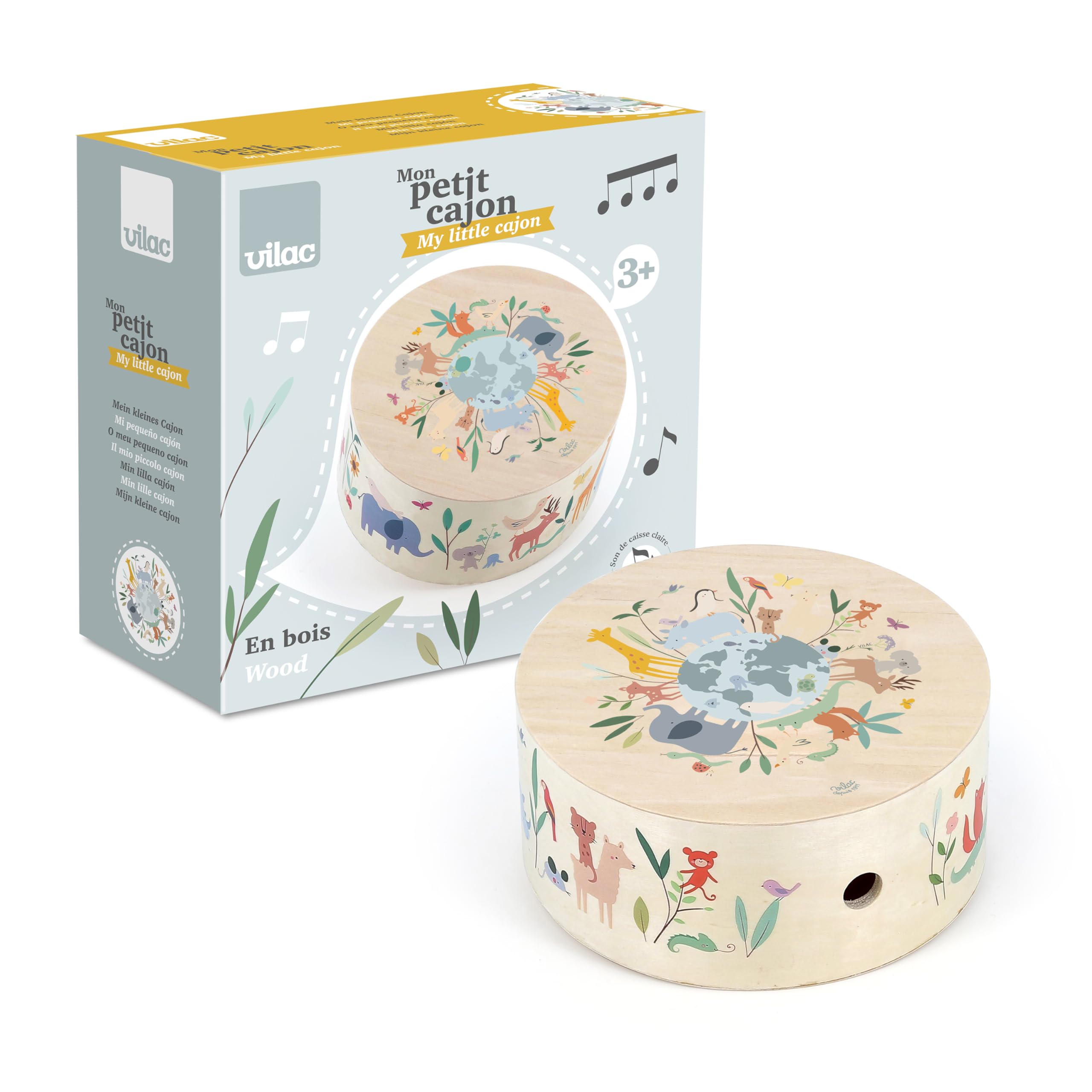 VILAC - Tamburo cajón Gli animali del mondo - Sarah Betz - Giocattolo musicale - 1 tamburo cajón in legno - Giochi di risveglio per bambini in legno - Giocattolo per bambini dai 3 anni - 7113