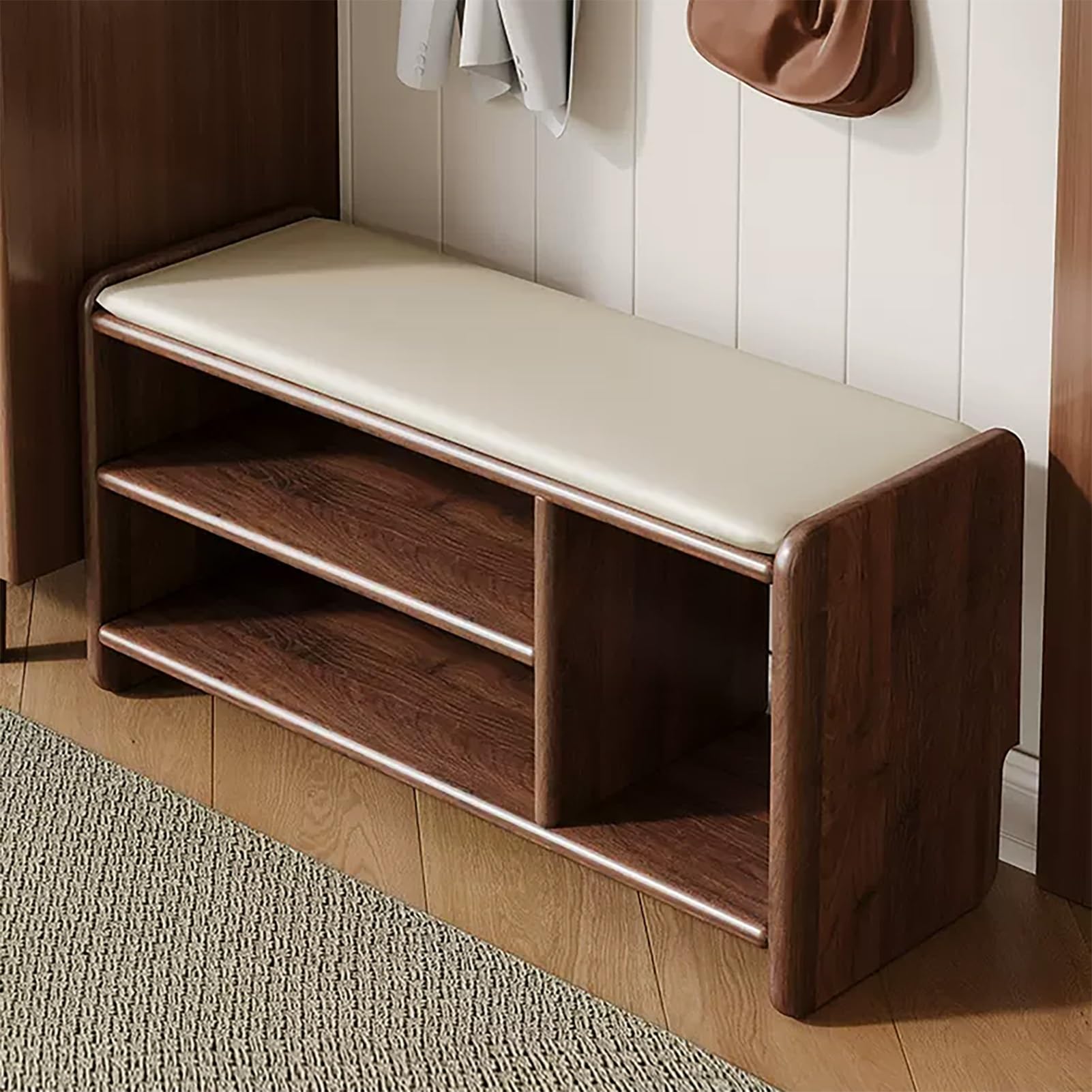 Banc de rangement à chaussures en bois et assise cuir pour l'entrée